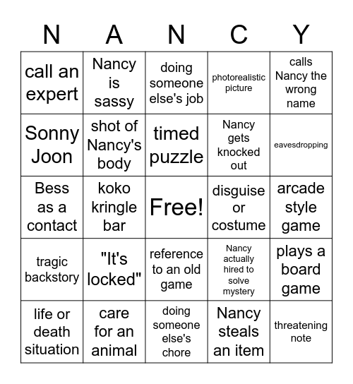 Nancy Drew Bingo Card