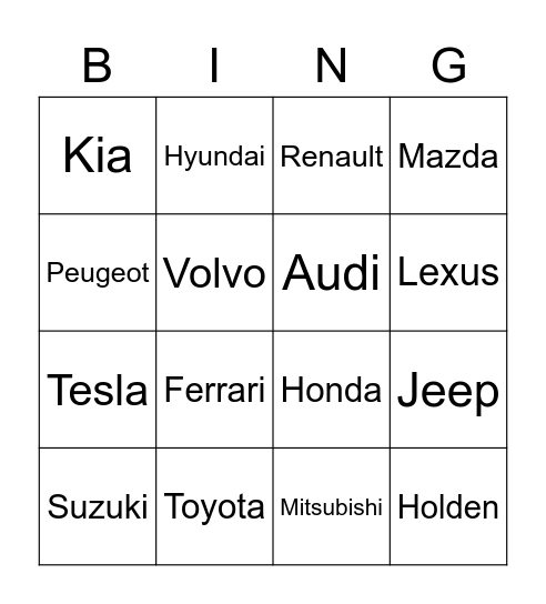 Car Brands Bingo Card