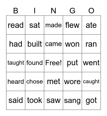 Irregular Past Tense Verbs Bingo Card