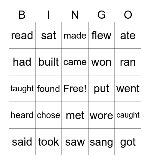 Irregular Past Tense Verbs Bingo Card