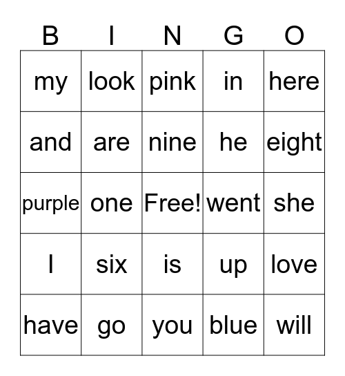 Sight Word Bingo Card