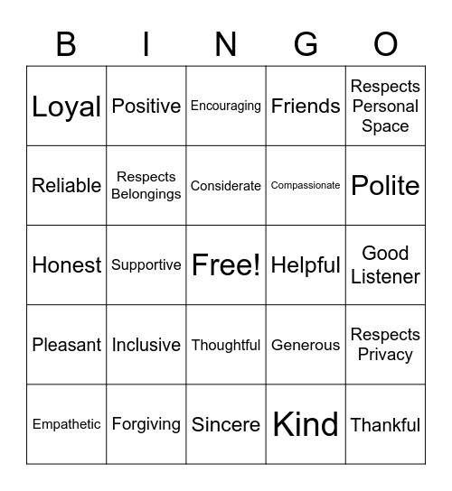 Qualities of a Friend Bingo Card