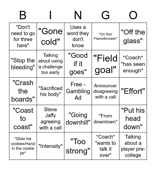 NBA Announcer Bingo Card