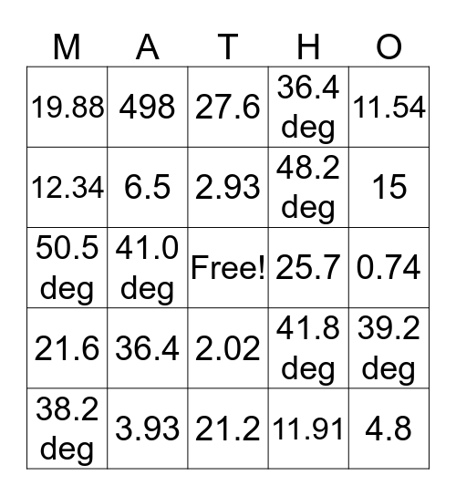 PRECALC MATHO Bingo Card