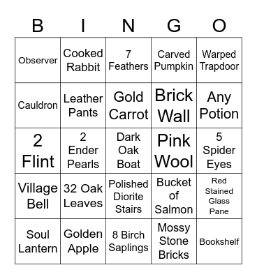 Minecraft Item Hunt Bingo Card