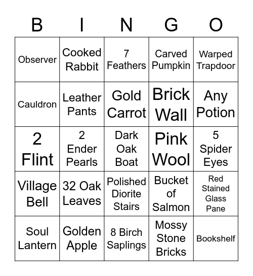 Minecraft Item Hunt Bingo Card