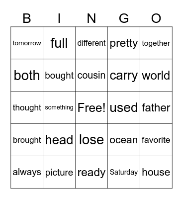 Trick Words Bingo Card