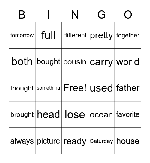 Trick Words Bingo Card