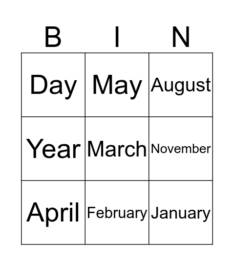 Calender Bingo Card