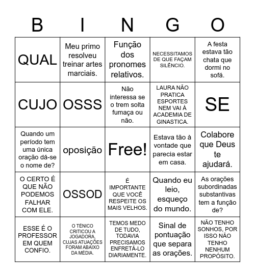 ORAÇÕES COORDENADAS E SUBORDINADAS Bingo Card