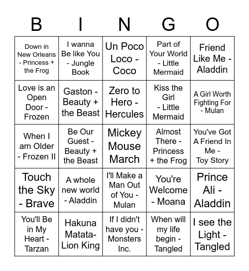 Disney Songs that SLAP! Bingo Card