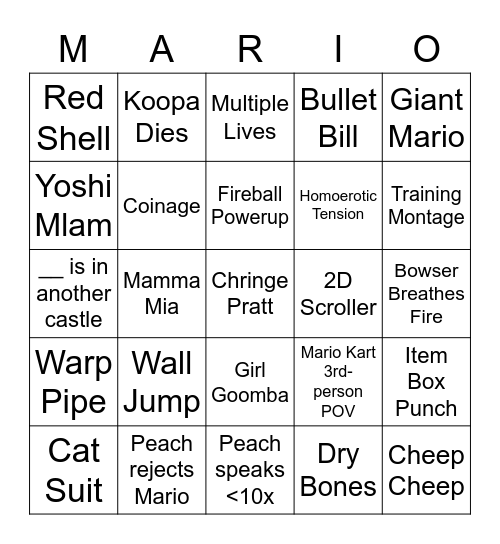 Mario Movie Bingo Card