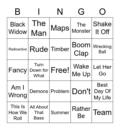 2014 Top Hits Bingo Card