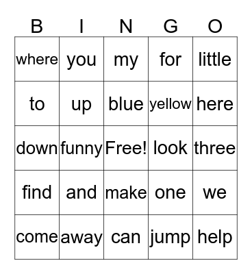 Sight Word  Bingo Card