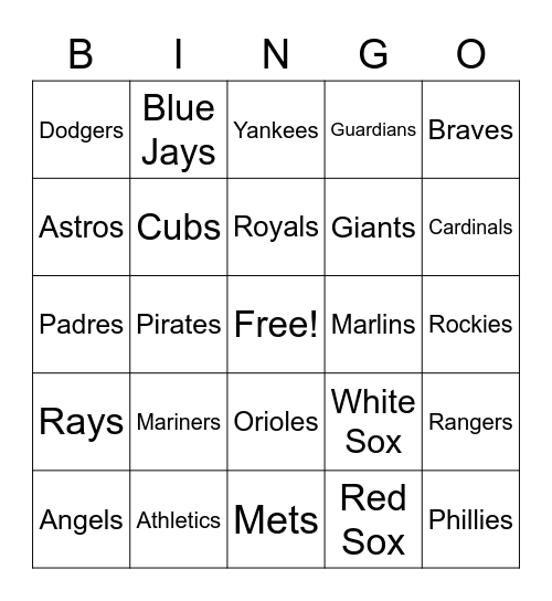 MLB TEAMS Bingo Card