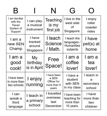 Getting to know one another! Bingo Card