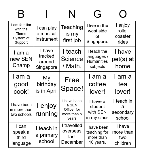 Getting to know one another! Bingo Card