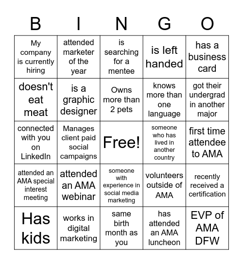 AMA DFW Bingo Card