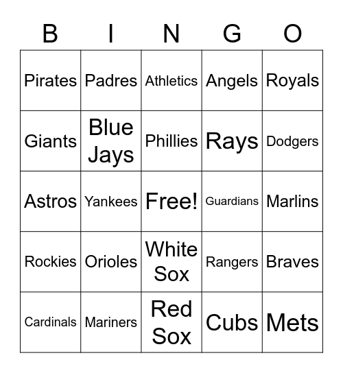 MLB TEAMS Bingo Card