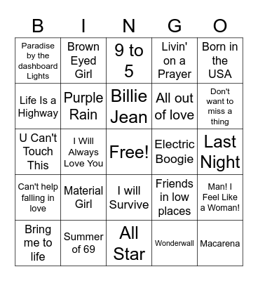 90s Music Bingo Card