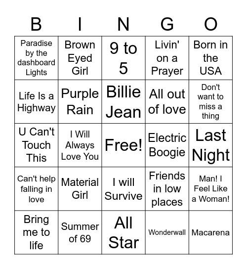 90s Music Bingo Card