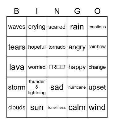 Weather and Emotions Bingo Card