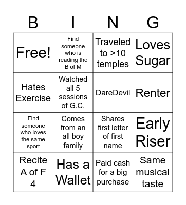 Getting to Know You Bingo Card