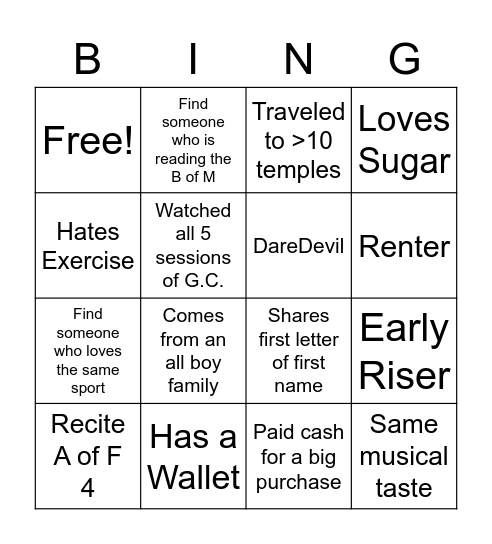 Getting to Know You Bingo Card