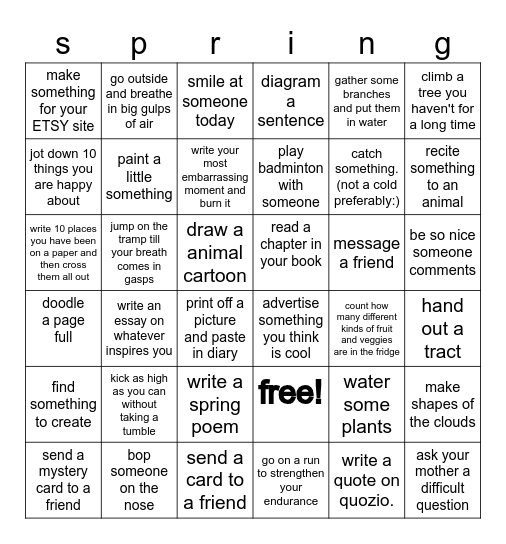 (: IT'S SPRINGTIME AGAIN :) Bingo Card