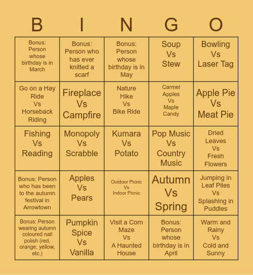 Autumn Mix & Mingle Bingo Card