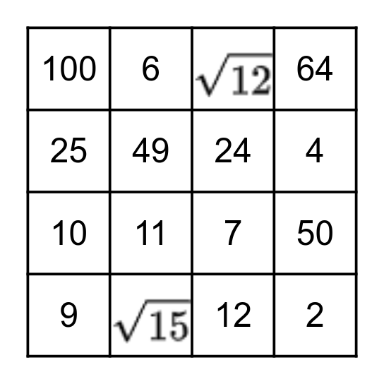 Squares and Square Roots Bingo Card