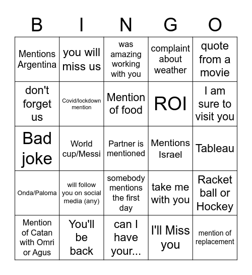 Agus Farewell Bingo Card