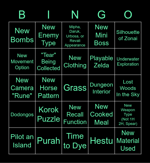 Tears of the Kingdom Final Trailer Bingo Card