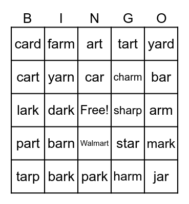 -ar words Bingo Card