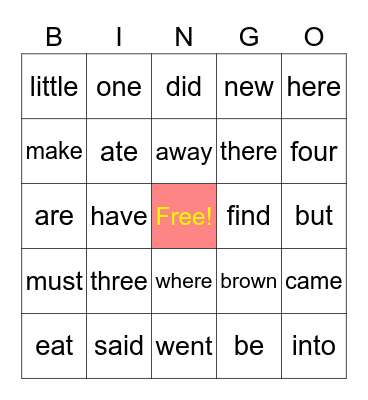 Amelia V2 Sight Words Bingo Card