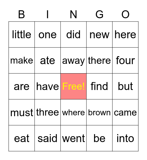Amelia V2 Sight Words Bingo Card