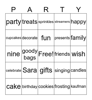 Sara's 9th Birthday Party! Bingo Card