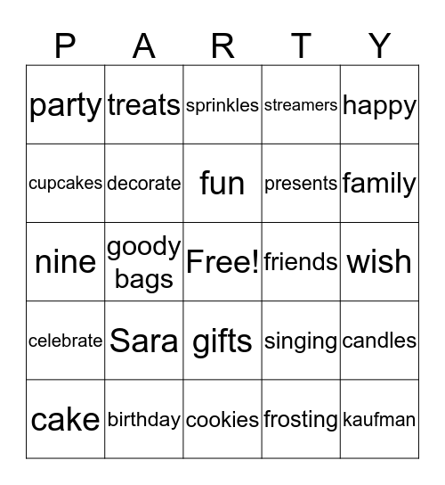 Sara's 9th Birthday Party! Bingo Card