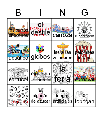 CCHS--SPANISH 2 UNIT 5 El Parque de Diversión Bingo Card