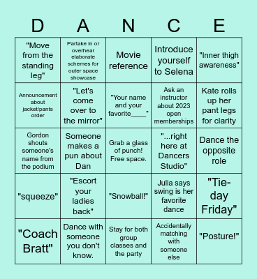 Dancers Studio Bingo Card