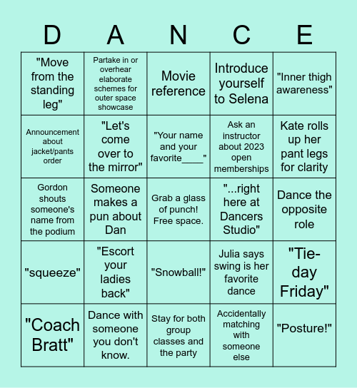 Dancers Studio Bingo Card