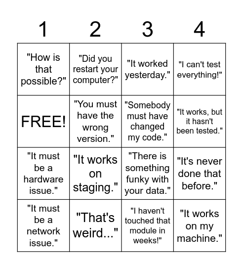 Software Engineer Bingo Card