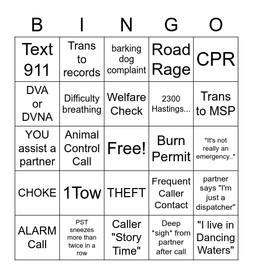 CALL TAKING BINGO Card