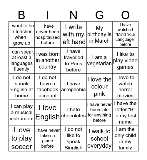 Find a friend BINGO! Bingo Card