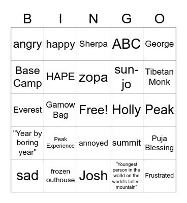 Peak Chapters 11-15 Bingo Card