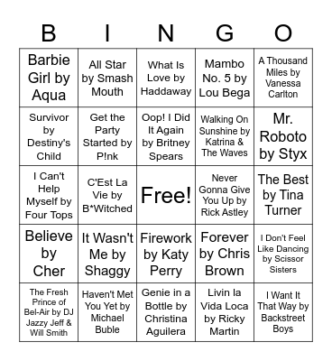 Cheesy Songs Bingo Card