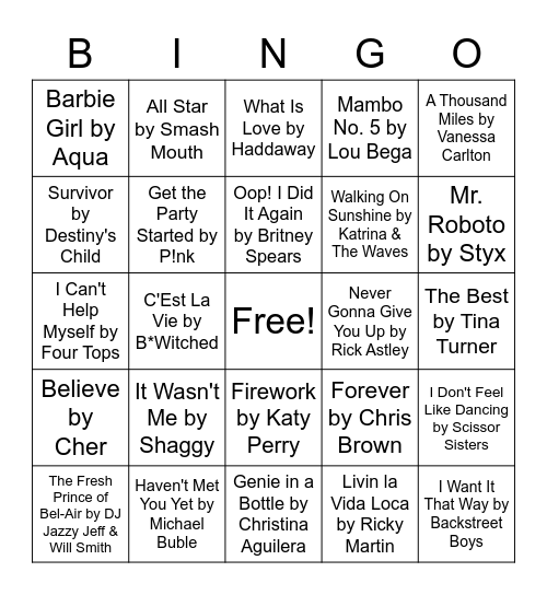 Cheesy Songs Bingo Card