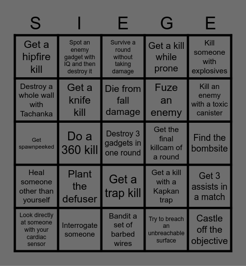 Rainbow 6 Siege Bingo Card