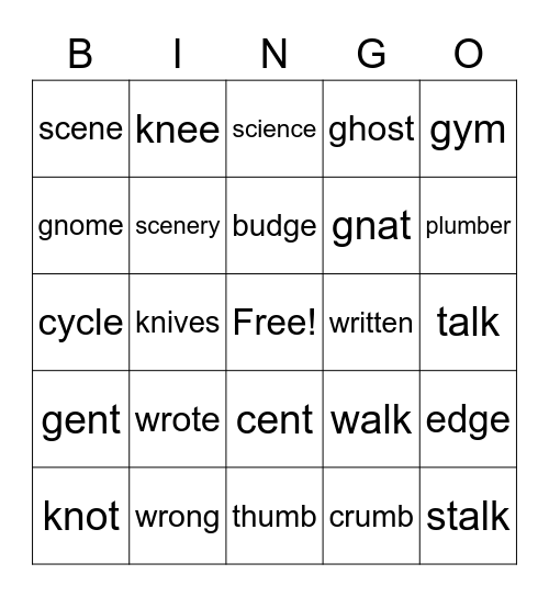 Silent Letters Bingo Card