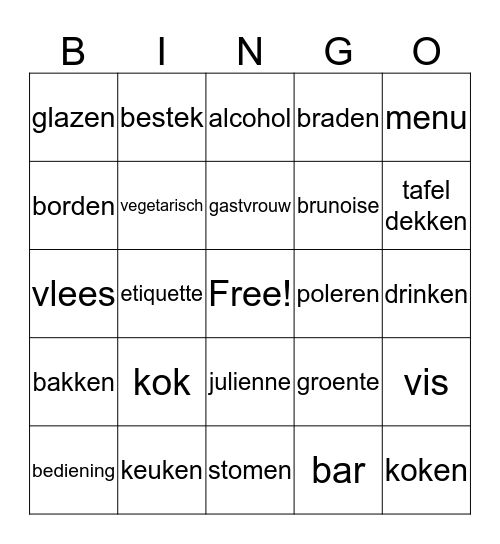 Restaurant Bingo Card